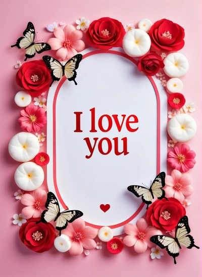 A picture of a frame with flowers and butterflies around it with the words i love you written in the center of the frame and the picture, love, a poster, lyco art