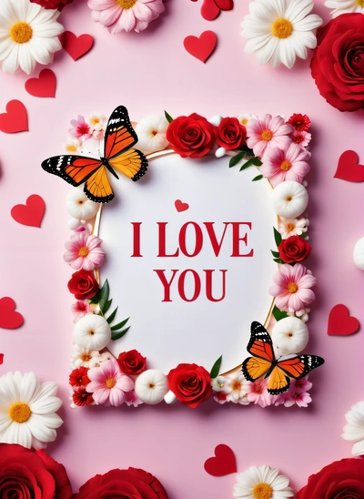 A picture of a picture of a butterfly and flowers with a message i love you on it that says i love you with butterflies and flowers, love, a cross stitch, romanticism