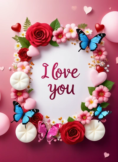 A heart shaped frame with roses and butterflies around it with the words i love you written in the center of the frame and hearts floating around the, love, a cross stitch, lyco art