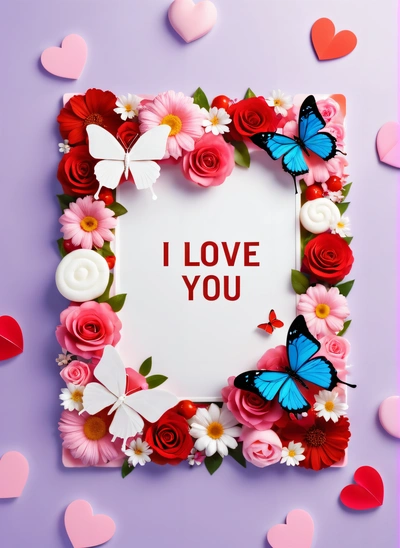 A picture frame with flowers and butterflies on a purple background with hearts and a message i love you written in the center of the picture, love, a poster, lyco art