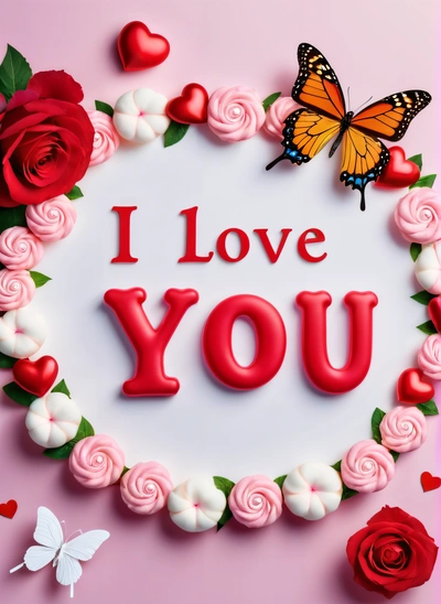 A heart shaped cake with roses and a butterfly on top of it that says i love you on a pink background with roses and butterflies, love, a poster, lyco art