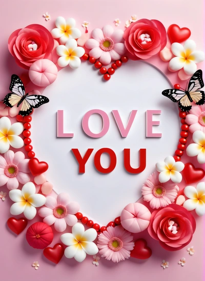 A heart shaped frame with flowers and butterflies on it that says love you on a pink background with a pink border and a pink border, love, a poster, lyco art