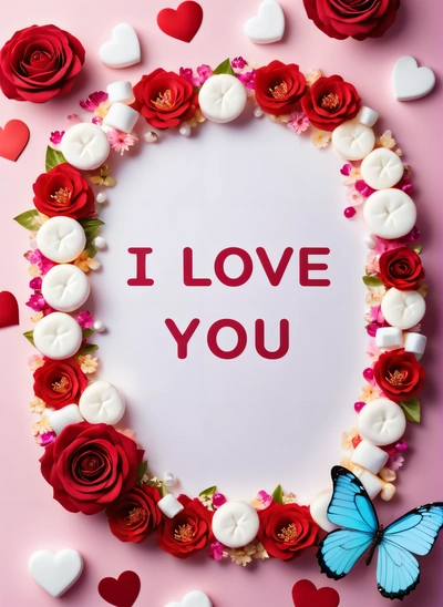 A heart shaped frame with flowers and a butterfly on a pink background with i love you written in the center of the frame and a blue butterfly, love, a poster, lyco art