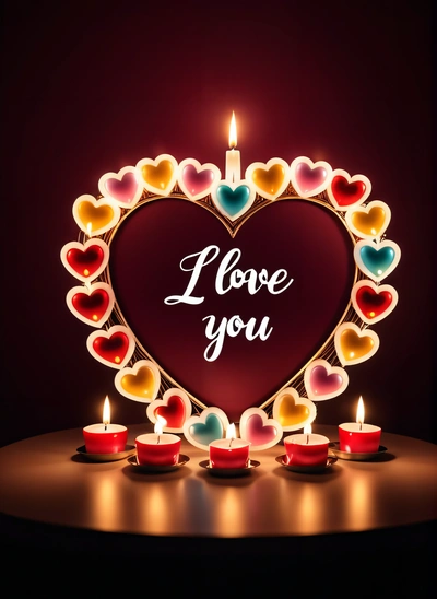 A heart shaped frame with candles and a candle in the middle of it with the words love you written on it in a heart shape, love, a stock photo, romanticism