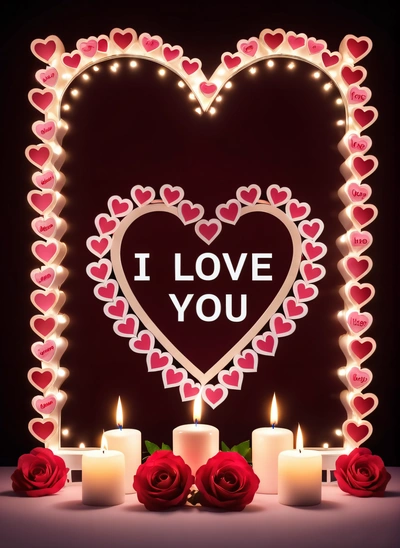 A heart shaped frame with candles and roses on a table with a lit candle and a lit candle holder in the shape of a heart, love, a digital rendering, romanticism