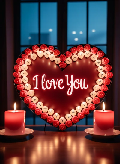 A heart shaped sign with candles on a table in front of a window with a lit candle and a lit candle holder in the shape of a heart, romantic, a 3d render, romanticism