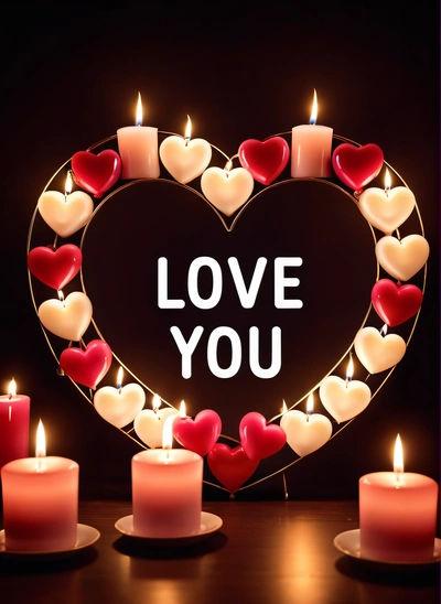 A heart shaped frame with candles and candles around it with the words love you written on it in the center of the heart surrounded by candles, love, a picture, romanticism