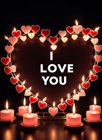 A heart shaped frame with candles and candles in it with the words i love you written on it in the center of the heart is a row of small candles, love, a picture, romanticism