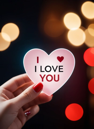 A woman holding a heart shaped paper with the words i love you on it in front of a boke of lights and a black background, love, a stock photo, romanticism