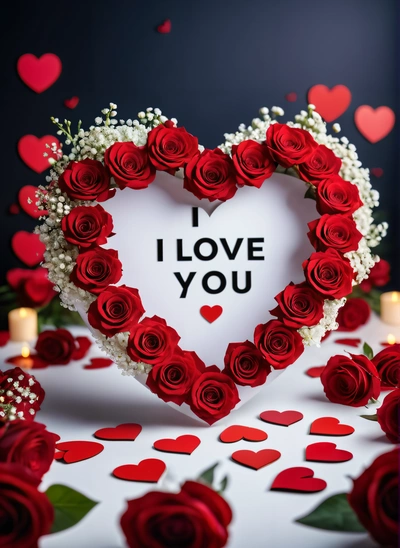 A heart shaped arrangement of roses with a message i love you in the center of it with candles and hearts around it on a table, love, a digital rendering, romanticism