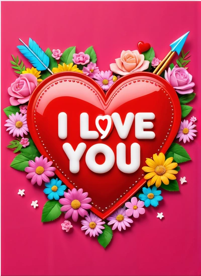 A heart with flowers and arrows on a pink background with the words i love you written in the center of the heart and surrounded by flowers, love, computer graphics, naive art