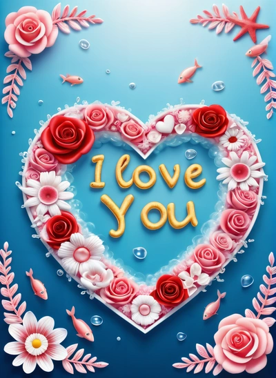 A heart shaped cake with roses and a message i love you on it in the middle of the image is a blue background with pink flowers and white petals, love, a digital rendering, lyco art