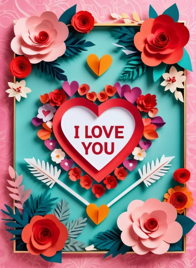 A paper heart with flowers and leaves on a pink background with the words i love you written on it in a frame with a heart, paper texture, a poster, naive art