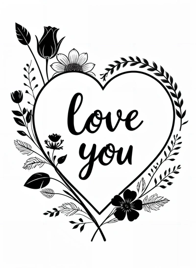 A heart with the words love you written in it and flowers around it, and a flower wreath in the center of the heart, and the words love you written in the middle, love, vector art, lyco art