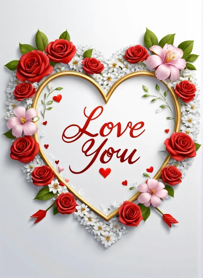 A heart shaped frame with flowers and hearts on it that says love you on the front of the frame is a gold frame with a heart and flowers, love, computer graphics, lyco art