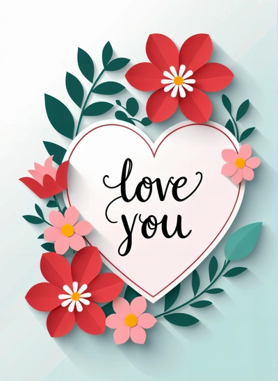 A paper heart with flowers and the words love you on it, surrounded by leaves and flowers, on a blue background with a shadow, love, vector art, mail art