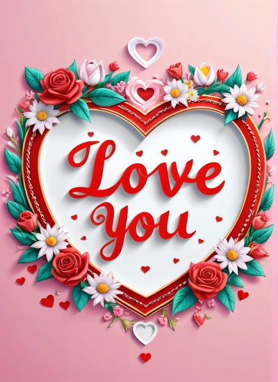 A heart shaped frame with flowers and hearts on it that says love you on a pink background with hearts and flowers around it, and a, love, a digital rendering, lyco art