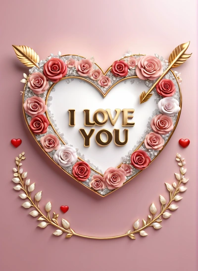A heart with roses and an arrow on a pink background with the words i love you written in gold lettering on the heart surrounded by roses, love, a digital rendering, lyco art