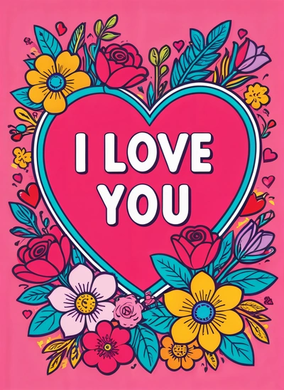 A pink heart with flowers and the words i love you on it in a floral frame with a pink background and a blue heart with the words i love you, love, a poster, naive art