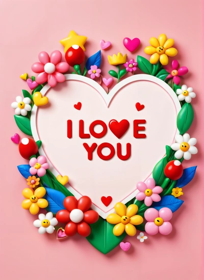 A heart shaped paper with the words i love you written on it and flowers around it on a pink background with a pink border around the heart, love, a cross stitch, naive art