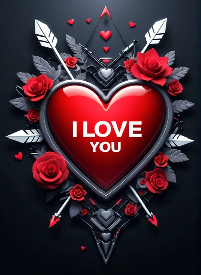 A heart with roses and arrows on it with the words i love you written on it in the center of the heart is a arrow and a, love, a digital rendering, gothic art