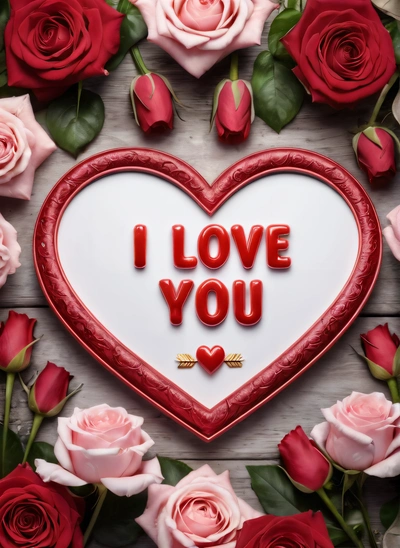 A heart shaped frame with roses around it and the words i love you written on it in red and white letters on a white background, love, a digital rendering, romanticism