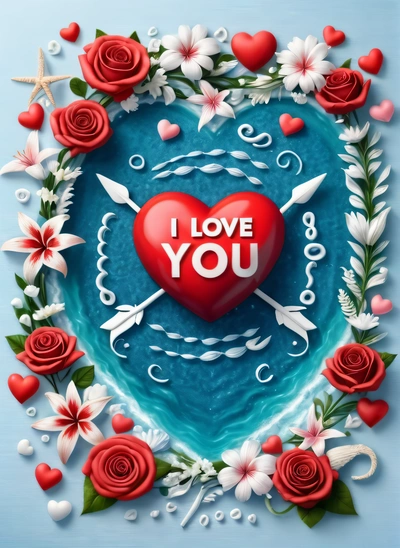 A heart with flowers and a message i love you on it in the middle of a blue background with a starfish and a starfish, highly detailed digital painting, poster art, romanticism