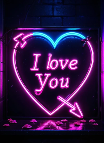 A neon sign that says i love you with a heart and arrow on it in a dark room with flowers and petals on the floor, neon lighting, cyberpunk art, sots art