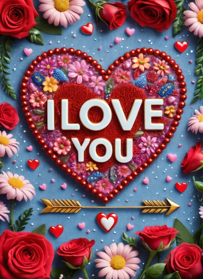A heart with the words i love you surrounded by flowers and hearts on a blue background with a gold arrow and a red rose with a heart, love, a cross stitch, naive art