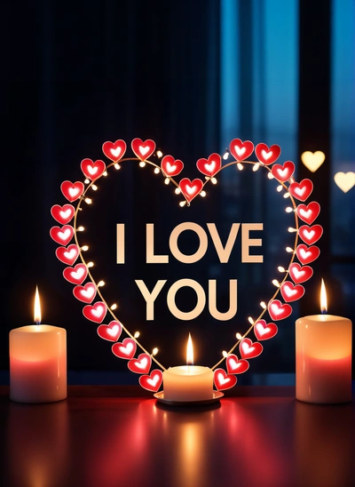 A heart shaped candle with candles around it and a lit candle in the middle of it with a message i love you on it and a dark background, love, a picture, romanticism