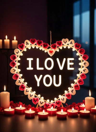 A heart shaped sign with candles around it that says i love you on a black background with red hearts and a few candles around it, love, a 3d render, romanticism