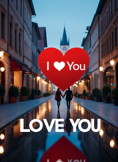 A couple holding hands walking down a street with a heart shaped sign in the middle of the street that says i love you on it, love, a poster, romanticism