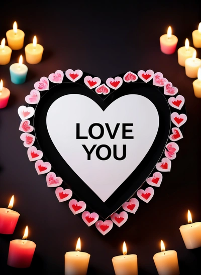 A heart shaped paper with candles surrounding it and the words love you written on it in a heart shape surrounded by candles in the background, love, a digital rendering, romanticism