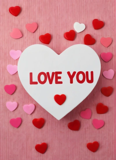 A heart shaped box with the words love you surrounded by hearts on a pink background with pink and red paper hearts scattered around it and the box, love, a digital rendering, romanticism