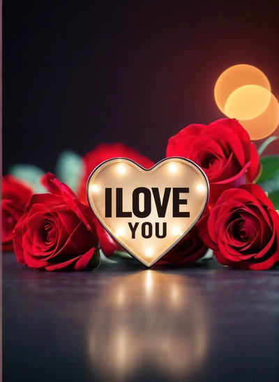 A heart shaped sign with roses around it that says i love you on a black background with a boke of lights and a red rose, love, a stock photo, romanticism