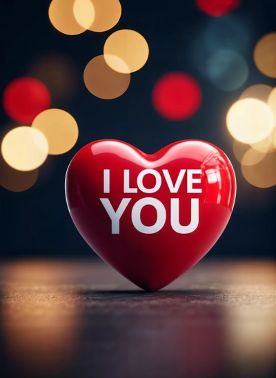 A red heart with the words i love you on it sitting on a table in front of a boke of lights and a blurry background, love, a stock photo, romanticism