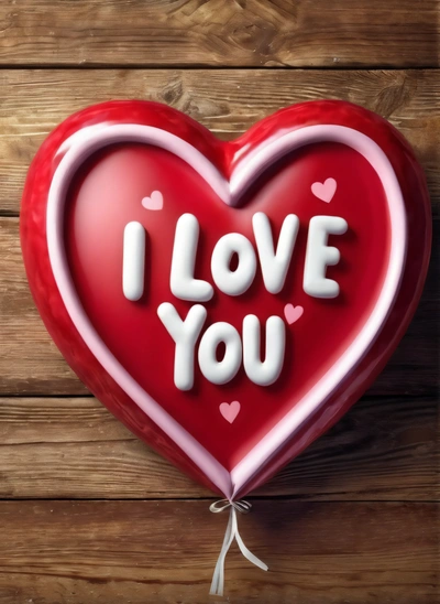 A heart shaped balloon with the words i love you on it hanging from a string on a wooden wall with a string attached to it, love, a 3d render, romanticism