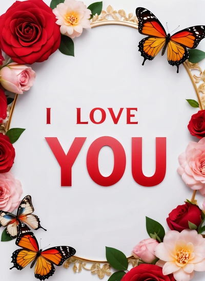 A picture of a flower frame with a butterfly and roses around it that says i love you on a white background with a red and yellow border, love, a poster, lyco art