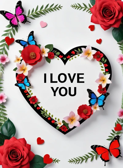 A heart shaped paper with flowers and butterflies around it with the words i love you written on it in a heart surrounded by butterflies and flowers, love, a poster, lyco art