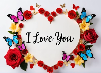 A heart shaped frame with roses and butterflies around it that says i love you on a white background with a butterfly and red roses around it, love, a picture, romanticism