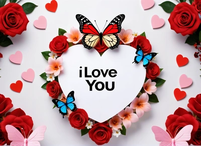 A heart with roses and butterflies surrounding it with the words i love you written on it in a heart surrounded by red roses and butterflies, love, a picture, romanticism