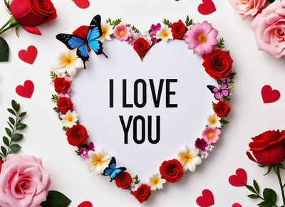 A heart shaped frame with flowers and butterflies around it with the words i love you written on it in a heart shape surrounded by red roses, love, a picture, romanticism