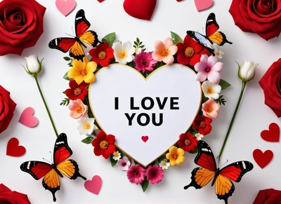 A heart shaped frame with flowers and butterflies surrounding it with the words i love you written on it in a heart surrounded by red and white roses, love, a picture, romanticism
