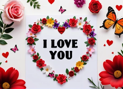 A heart shaped frame with flowers and butterflies surrounding it with the words i love you written on it in a heart shape surrounded by flowers, love, a picture, romanticism