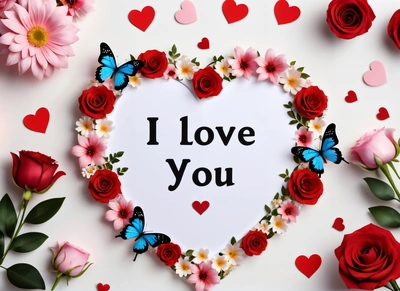 A heart shaped frame with flowers and butterflies around it with the words i love you written on it in the center of the heart surrounded by red and pink roses, love, a picture, romanticism