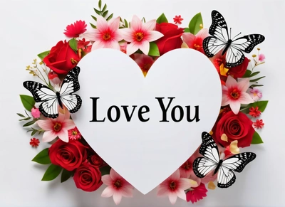 A heart with flowers and butterflies around it with the words love you written on it in a heart surrounded by red roses and butterflies on a white background, love, a digital rendering, romanticism