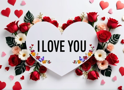 A paper heart with the words i love you surrounded by flowers and hearts on a white background with red and pink flowers and leaves around it, love, a stock photo, romanticism
