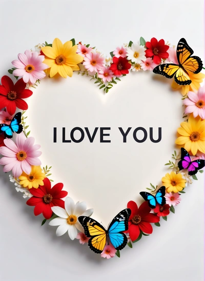 A heart shaped frame with flowers and butterflies around it that says i love you on a white background with a pink border and a pink border, love, a cross stitch, lyco art