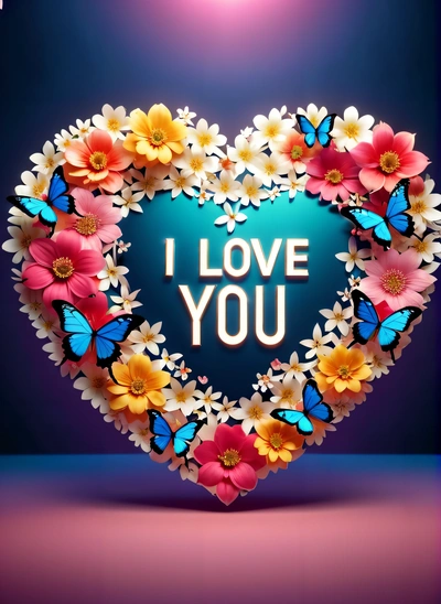 A heart shaped frame with flowers and butterflies in it that says i love you on a blue background with a bright light above it and a blue background, love, a digital rendering, lyco art