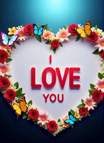 A heart shaped frame with flowers and butterflies around it that says i love you on a blue background with a blue sky and a blue light, love, a picture, lyco art